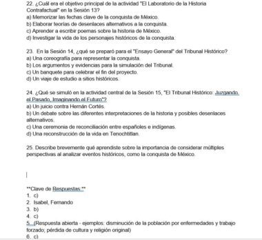 Cuestionario de opción múltiple en español sobre la historia de México, en el que se analiza la conquista de México y las simulaciones de tribunales. Incluye cuatro preguntas numeradas, cada una con múltiples opciones de respuesta etiquetadas de la a) a la e), y una sección titulada "Clave de Respuestas".