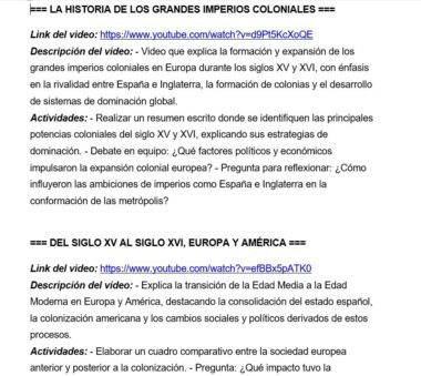 Captura de pantalla de un documento que enumera dos recursos de vídeo histórico sobre los imperios coloniales europeos y la transición de la Edad Media a la Edad Moderna, cada uno con enlaces, descripciones y actividades sugeridas en español.