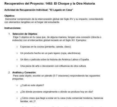 Captura de pantalla de un trabajo en español titulado "Recuperativo del Proyecto: 1492: El Choque y la Otra Historia", en el que se describen los objetivos y las instrucciones para seleccionar y analizar tres objetos interconectados globalmente.
