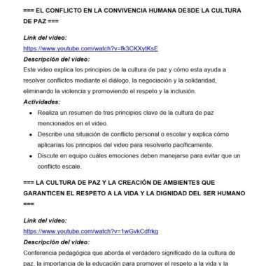 Captura de pantalla de un documento en español que enumera dos enlaces de vídeo sobre la cultura de paz. Cada sección incluye un título en negrita, un enlace a YouTube y una descripción que explica el contenido educativo del vídeo.