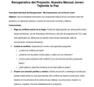Una hoja de trabajo en español titulada "Recuperativo del Proyecto: Nuestro Manual Joven: Tejiendo la Paz", con instrucciones para que los alumnos elijan un conflicto doméstico y lo analicen para proponer una solución pacífica.