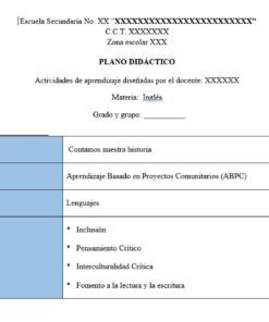 Tabla de planificación de clases en español para un centro de secundaria, con indicación de la asignatura, el curso, las actividades de aprendizaje, la metodología (aprendizaje basado en proyectos) y temas clave como la inclusión, el pensamiento crítico y la comprensión lectora.