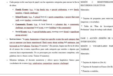Hoja de trabajo en español con viñetas en las que se enumeran las categorías para la lluvia de ideas sobre acontecimientos, descripciones detalladas de cada una, secciones denominadas "SESIÓN 2", "Materiales" y "Fase 2", y una actividad de vocabulario.