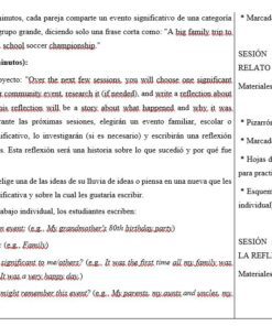 Captura de pantalla de un plan de clase en español e inglés, en el que se describen actividades sobre cómo compartir acontecimientos significativos, escribir reflexiones y debatir sobre la estructura para escribir una historia en inglés. Los materiales incluyen una pizarra y rotuladores.