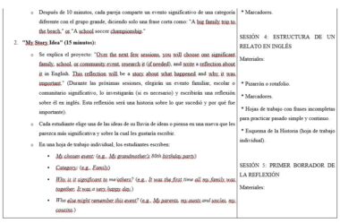 Captura de pantalla de un plan de clase en español e inglés, en el que se describen actividades sobre cómo compartir acontecimientos significativos, escribir reflexiones y debatir sobre la estructura para escribir una historia en inglés. Los materiales incluyen una pizarra y rotuladores.