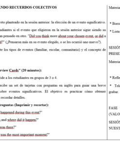 Un plan de clase en español resume las actividades y los materiales para una sesión sobre memorias colectivas. Incluye objetivos, pautas para el debate en grupo, fases de desarrollo y una lista de materiales, como rotuladores y tarjetas de reflexión.