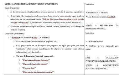 Un plan de clase en español resume las actividades y los materiales para una sesión sobre memorias colectivas. Incluye objetivos, pautas para el debate en grupo, fases de desarrollo y una lista de materiales, como rotuladores y tarjetas de reflexión.