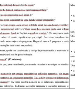 Hoja de trabajo para el aula en español e inglés con preguntas para el debate, instrucciones para las entrevistas en grupo y materiales enumerados. El texto está organizado en viñetas y secciones para la reflexión y las actividades en grupo.