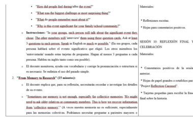 Hoja de trabajo para el aula en español e inglés con preguntas para el debate, instrucciones para las entrevistas en grupo y materiales enumerados. El texto está organizado en viñetas y secciones para la reflexión y las actividades en grupo.