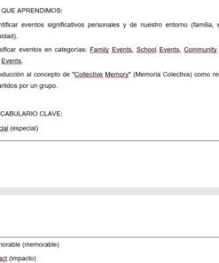 Captura de pantalla de un resumen de una lección en español en el que se enumeran los objetivos: identificar acontecimientos personales y comunitarios, clasificar tipos de acontecimientos, introducir la 