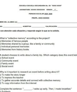 Hoja de trabajo impresa para el alumno con preguntas de opción múltiple sobre tipos de recuerdos y acontecimientos, espacios para el nombre del alumno, la fecha y el curso, e instrucciones para leer y responder a cada pregunta.