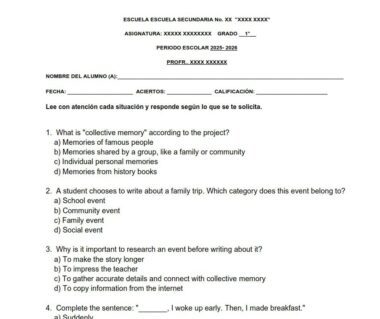 Hoja de trabajo impresa para el alumno con preguntas de opción múltiple sobre tipos de recuerdos y acontecimientos, espacios para el nombre del alumno, la fecha y el curso, e instrucciones para leer y responder a cada pregunta.
