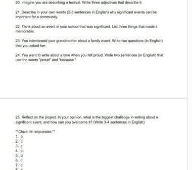 Hoja de ejercicios con preguntas para escribir en inglés: describir un festival, explicar por qué son importantes los acontecimientos significativos, recordar un acontecimiento escolar memorable, entrevistar a un abuelo y reflexionar sobre los retos de un proyecto. Incluye la clave de respuestas.