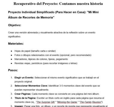 Una guía del proyecto en español titulada "Recuperativo del Proyecto: Contamos nuestra historia" con instrucciones, materiales y pasos para crear un mini álbum de recuerdos sobre un acontecimiento significativo.