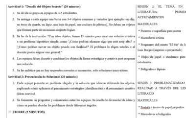 Guía de actividades para el aula en español con dos actividades y una sección de cierre. En la parte derecha aparecen secciones para temas literarios, materiales necesarios y viñetas con cuestiones a tratar en los debates de clase de literatura.