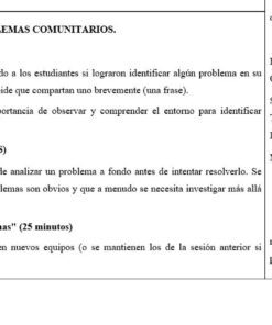 Captura de pantalla de un plan de clase en español que resume la Sesión 2: Análisis de los problemas de la comunidad. En él se detallan las actividades, la distribución del tiempo y los materiales necesarios para analizar y resolver los problemas de la comunidad en clase.