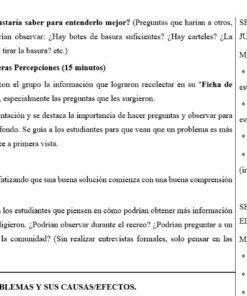 Una captura de pantalla de un documento en español muestra un plan de clase con instrucciones para una actividad sobre recopilación y análisis de información, una lista de materiales y secciones divididas por viñetas y títulos en negrita.