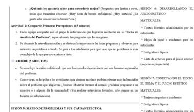 Una captura de pantalla de un documento en español muestra un plan de clase con instrucciones para una actividad sobre recopilación y análisis de información, una lista de materiales y secciones divididas por viñetas y títulos en negrita.