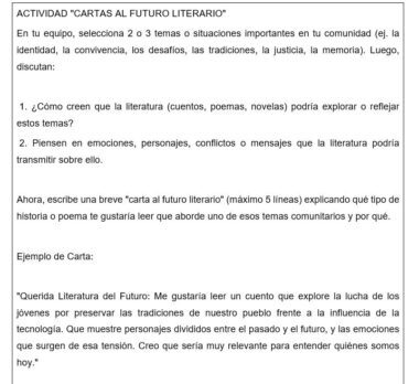 Una actividad de clase en español titulada "CARTAS AL FUTURO LITERARIO" pide a los alumnos que discutan temas importantes de la comunidad y escriban una breve carta imaginando cómo la literatura podría explorar estos temas en el futuro. Se incluye un ejemplo de carta.