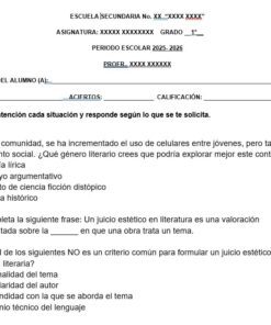En un examen de literatura en lengua española se pide a los alumnos que identifiquen tipos de textos, completen frases sobre juicios literarios y elijan criterios no literarios para evaluar textos. Hay preguntas de opción múltiple y de rellenar espacios en blanco.