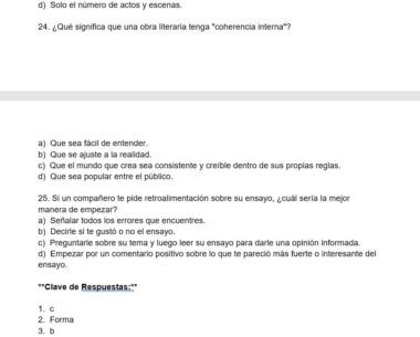 Cuestionario tipo test en español sobre coherencia literaria, con preguntas, opciones de respuesta y las respuestas correctas marcadas en la parte inferior. El texto está mecanografiado sobre fondo claro.