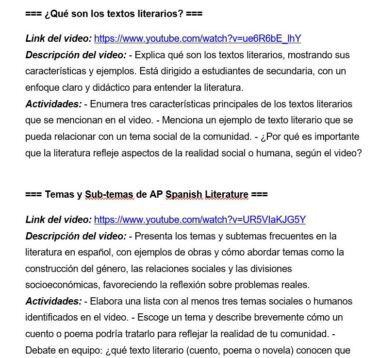 Captura de pantalla de un documento en español con enlaces a vídeos y descripciones sobre textos literarios y temas de Literatura Española AP, que incluye explicaciones, actividades y preguntas para fomentar el análisis y la comprensión.