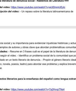 Captura de pantalla de un documento de texto en español en el que se comenta un vídeo de YouTube sobre la literatura latinoamericana de protesta social, su importancia, actividades y tareas de alfabetización relacionadas.
