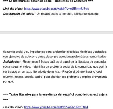 Captura de pantalla de un documento de texto en español en el que se comenta un vídeo de YouTube sobre la literatura latinoamericana de protesta social, su importancia, actividades y tareas de alfabetización relacionadas.