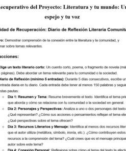 Captura de pantalla de un documento educativo en español en el que se esboza una actividad de diario de reflexión literaria, con objetivos e instrucciones divididos en pasos, que incluyen la lectura, el análisis de perspectivas y la identificación de recursos.
