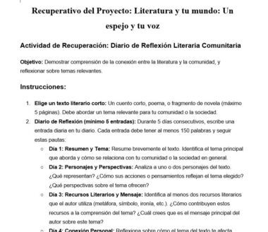 Captura de pantalla de un documento educativo en español en el que se esboza una actividad de diario de reflexión literaria, con objetivos e instrucciones divididos en pasos, que incluyen la lectura, el análisis de perspectivas y la identificación de recursos.