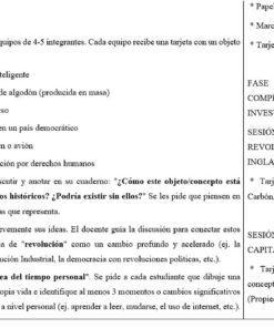 Guía de actividades para el aula en español que explica cómo analizar objetos relacionados con los cambios históricos, con instrucciones de trabajo en grupo y fases para estudiar la Revolución Industrial, el capitalismo y los cambios sociales. Se incluye una lista de materiales.