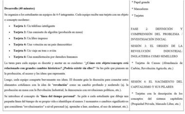 Guía de actividades para el aula en español que explica cómo analizar objetos relacionados con los cambios históricos, con instrucciones de trabajo en grupo y fases para estudiar la Revolución Industrial, el capitalismo y los cambios sociales. Se incluye una lista de materiales.