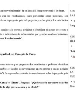 Plan de clase en español con títulos de las sesiones, actividades, preguntas orientativas y referencias a cronogramas históricos simplificados y 