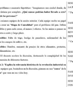 Captura de pantalla de una tarea en español que describe un escenario problemático sobre una ciudad en la que la producción se detiene repentinamente. El texto describe las instrucciones para identificar las causas, los efectos y crear un mapa causa-efecto. A la derecha aparece un esquema de la sesión.