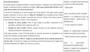 Captura de pantalla de una tarea en español que describe un escenario problemático sobre una ciudad en la que la producción se detiene repentinamente. El texto describe las instrucciones para identificar las causas, los efectos y crear un mapa causa-efecto. A la derecha aparece un esquema de la sesión.