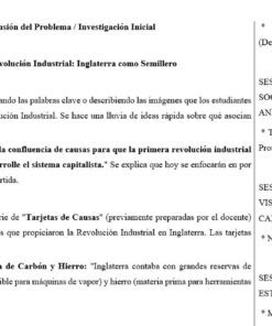 Captura de pantalla de un documento en español en el que se esboza un plan de clase sobre los orígenes de la Revolución Industrial en Inglaterra, con objetivos, puntos clave y una actividad sobre las causas de la industrialización.