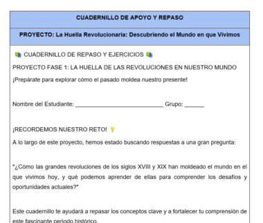 Captura de pantalla de una página del cuaderno de trabajo en español titulada "Cuadernillo de Apoyo y Repaso" sobre el impacto de las revoluciones en nuestro mundo, con espacios para el nombre del alumno y el grupo.