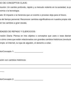 Hoja de trabajo en español con secciones para repasar conceptos clave: 