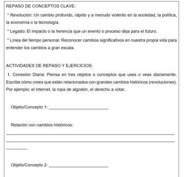 Hoja de trabajo en español con secciones para repasar conceptos clave: "Revolución" y "Legado", más una actividad en la que se pide a los alumnos que enumeren objetos o conceptos que utilizan a diario y los relacionen con cambios históricos, con líneas en blanco para las respuestas.