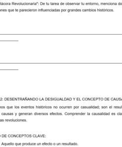 Hoja de trabajo en español en la que se pide a los alumnos que enumeren dos cosas de su entorno influidas por grandes cambios históricos, seguida de una sección en la que se explica el concepto de causa en la historia y un repaso de conceptos clave.