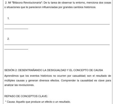 Hoja de trabajo en español en la que se pide a los alumnos que enumeren dos cosas de su entorno influidas por grandes cambios históricos, seguida de una sección en la que se explica el concepto de causa en la historia y un repaso de conceptos clave.