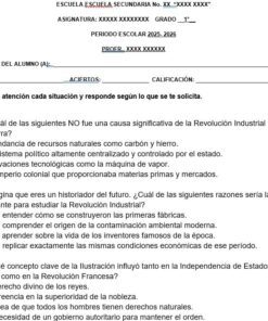 Una hoja de ejercicios de historia en español con preguntas sobre la Revolución Industrial y las revoluciones en Inglaterra y Estados Unidos, que incluye preguntas de opción múltiple y abiertas para que los alumnos respondan.