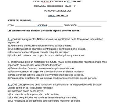 Una hoja de ejercicios de historia en español con preguntas sobre la Revolución Industrial y las revoluciones en Inglaterra y Estados Unidos, que incluye preguntas de opción múltiple y abiertas para que los alumnos respondan.