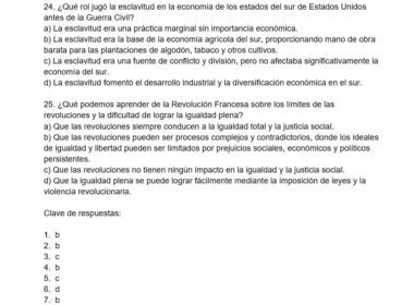 Hoja de ejercicios de opción múltiple en español sobre la esclavitud y la Revolución Francesa, que incluye preguntas, opciones de respuesta etiquetadas a-e y una lista de claves de respuesta: 1-b, 2-c, 3-a, 4-b, 5-c.
