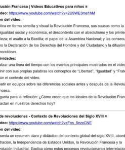 Captura de pantalla de un documento educativo en español en el que se describen dos recursos de vídeo sobre la Revolución Francesa y la Era de las Revoluciones, con enlaces a YouTube, descripciones de los vídeos y una lista de actividades relacionadas.