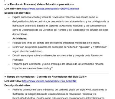 Captura de pantalla de un documento educativo en español en el que se describen dos recursos de vídeo sobre la Revolución Francesa y la Era de las Revoluciones, con enlaces a YouTube, descripciones de los vídeos y una lista de actividades relacionadas.