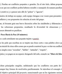 Un folleto para el aula en español aborda la gestión de conflictos, con viñetas, instrucciones para las actividades y secciones sobre reflexión y resumen. Notas adhesivas visibles organizan temas como 