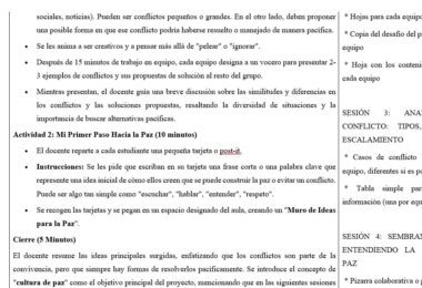 Un folleto para el aula en español aborda la gestión de conflictos, con viñetas, instrucciones para las actividades y secciones sobre reflexión y resumen. Notas adhesivas visibles organizan temas como "causas", "solución" y "sesión".
