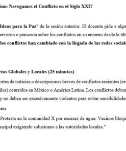 Captura de pantalla de un plan de clase en español para una sesión sobre conflictos globales, que muestra secciones para instrucciones de actividades, ejemplos y marcadores de notas, centradas en conflictos recientes e impactos locales-globales.