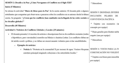 Captura de pantalla de un plan de clase en español para una sesión sobre conflictos globales, que muestra secciones para instrucciones de actividades, ejemplos y marcadores de notas, centradas en conflictos recientes e impactos locales-globales.